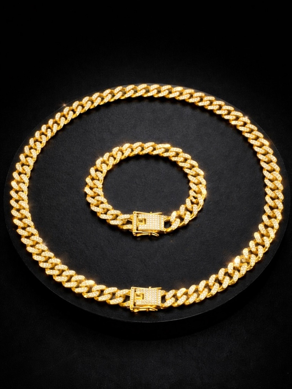 Men’s Iced Cuban Link Chain & Bracelet Set | Diamond-Cut Gold Statement Jewelry